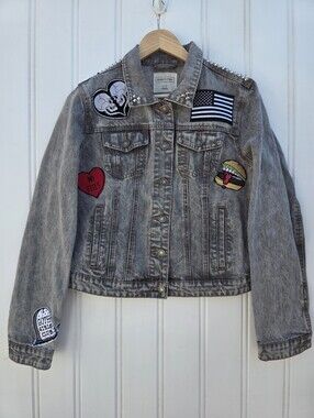 Ardene Eightytwo Grey Acid Wash Denim Goth Skull Patch Jacket XL